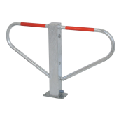 Car-park barrier | foldable with round | cylinder self-engaging | lock | to be fixed by plugswith base plate 100 x 150 mm | hot-dip galvanized and white coated withred reflecting stripes